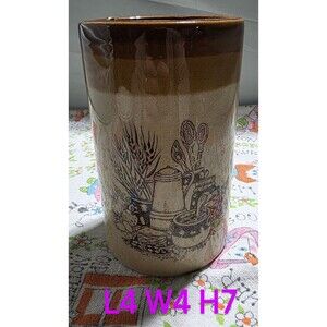 Vintage Enesco Kitchen Utensils Holder Brown Glazed Croc Jar Country Pottery